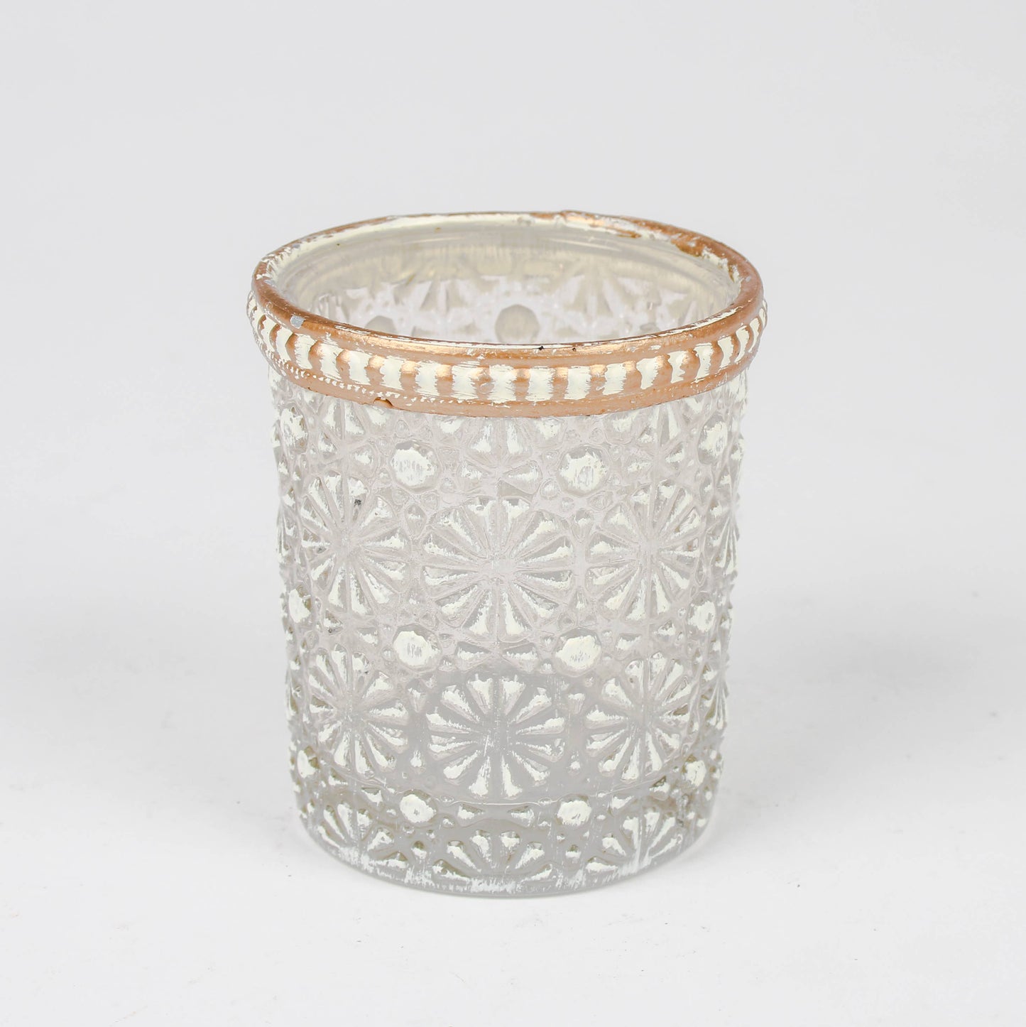 Daisy Pattern Glass Tea Light Holder With Metal Rim