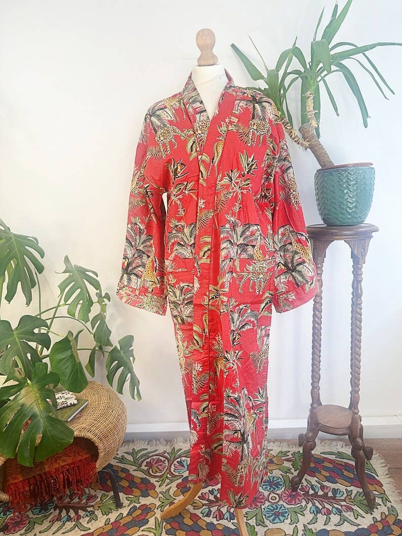 Pure Cotton Indian Blockprint House Robe Summer Dressing Kimono Gown Coverup/Comfy Maternity Royal Red Leopard Jungle Giraffe Animal Party