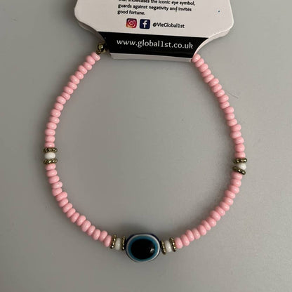 Evil Eye Bracelet, White Beads (JIT): Pink