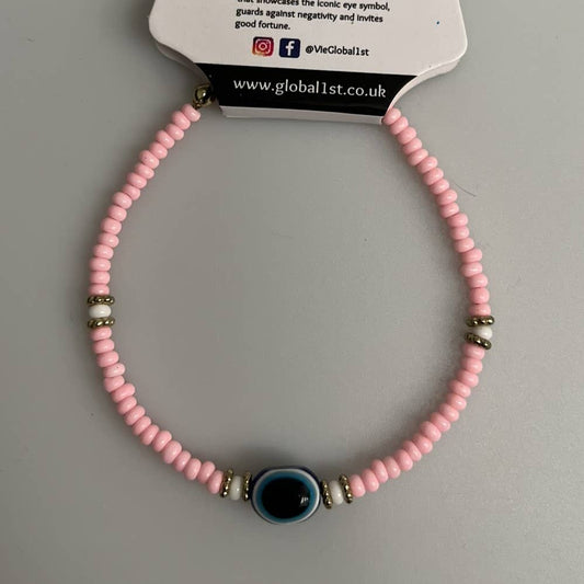 Evil Eye Bracelet, White Beads (JIT): Pink