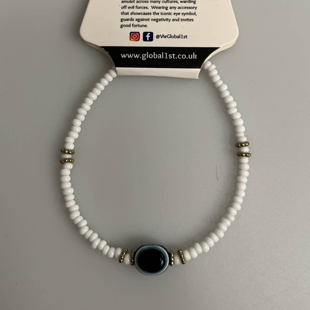 Evil Eye Bracelet, White Beads (JIT): Light Blue