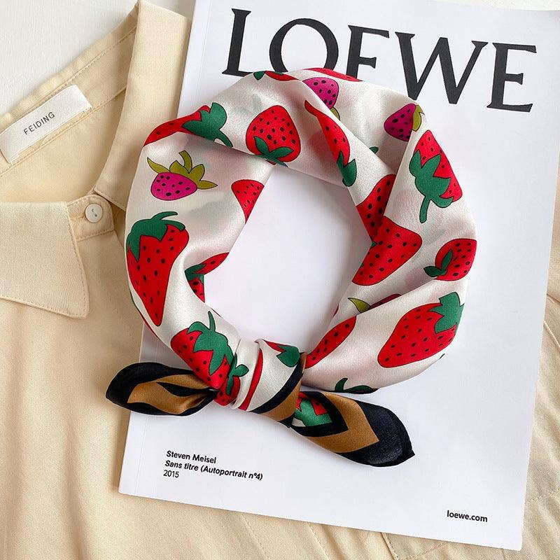 Strawberry pattern 100% mulberry Silk Scarf/Silk head scarf/Silk hair scarf/Silk neck scarf/Silk bandana/Bag Accessory/Gift for her: Khaki