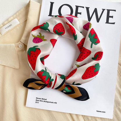 Strawberry pattern 100% mulberry Silk Scarf/Silk head scarf/Silk hair scarf/Silk neck scarf/Silk bandana/Bag Accessory/Gift for her: Khaki