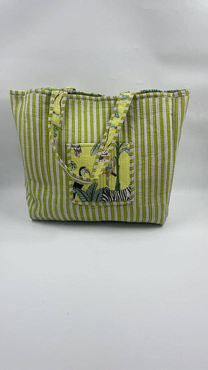 100% Cotton Kantha Quilted Boho Reversible Animal Tote Bag