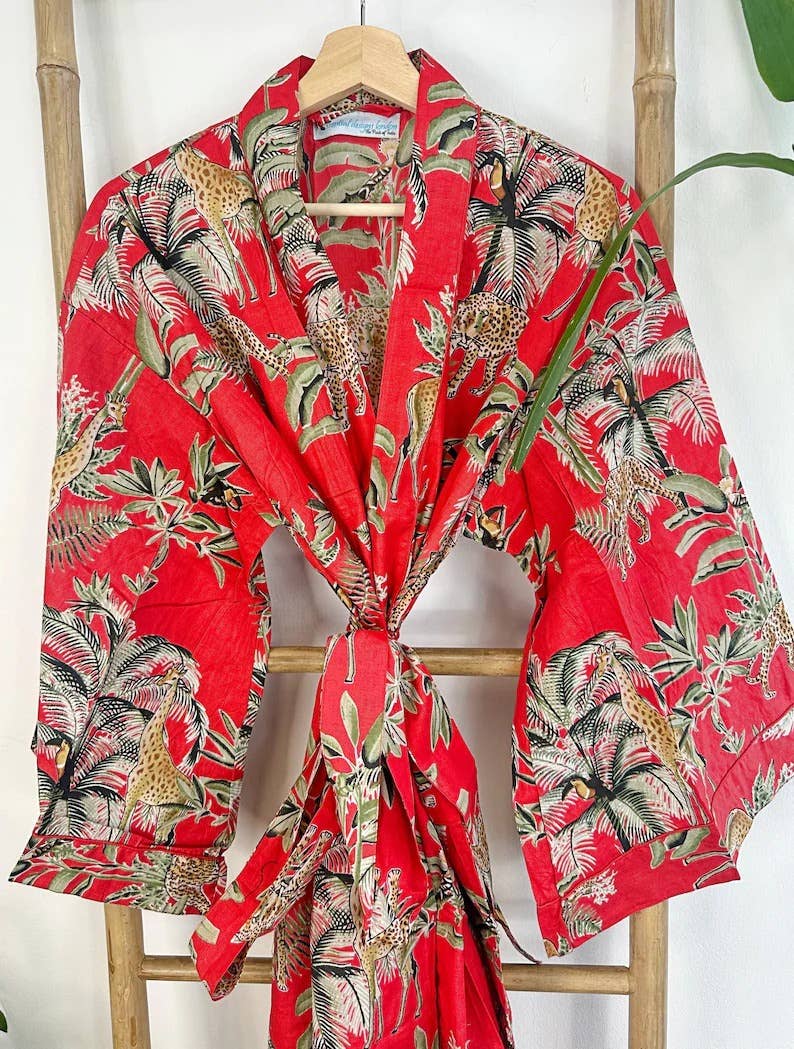 Pure Cotton Indian Blockprint House Robe Summer Dressing Kimono Gown Coverup/Comfy Maternity Royal Red Leopard Jungle Giraffe Animal Party