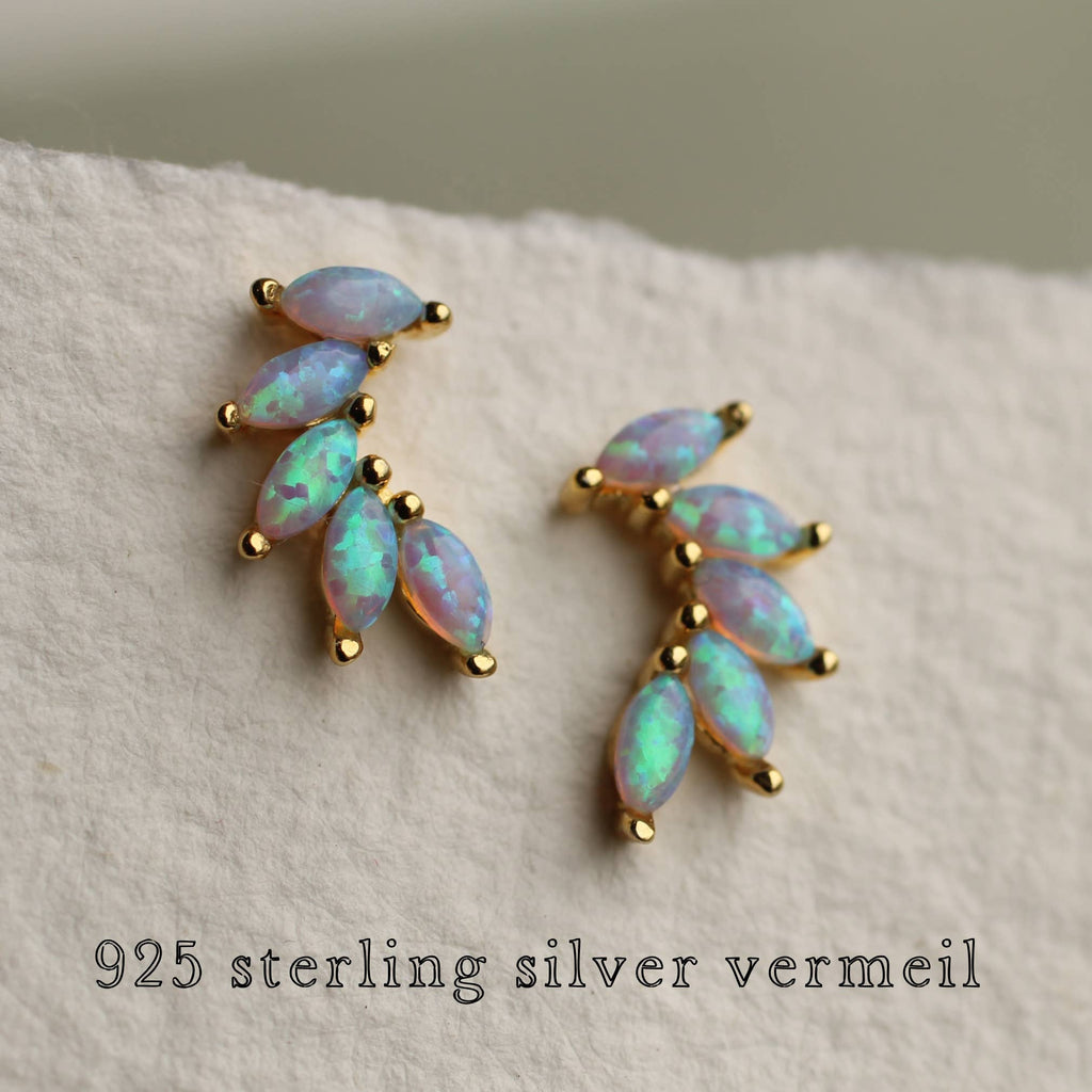 Gold Vermeil Opal Wing Stud Earrings: Olive Green Linen Presentation Card