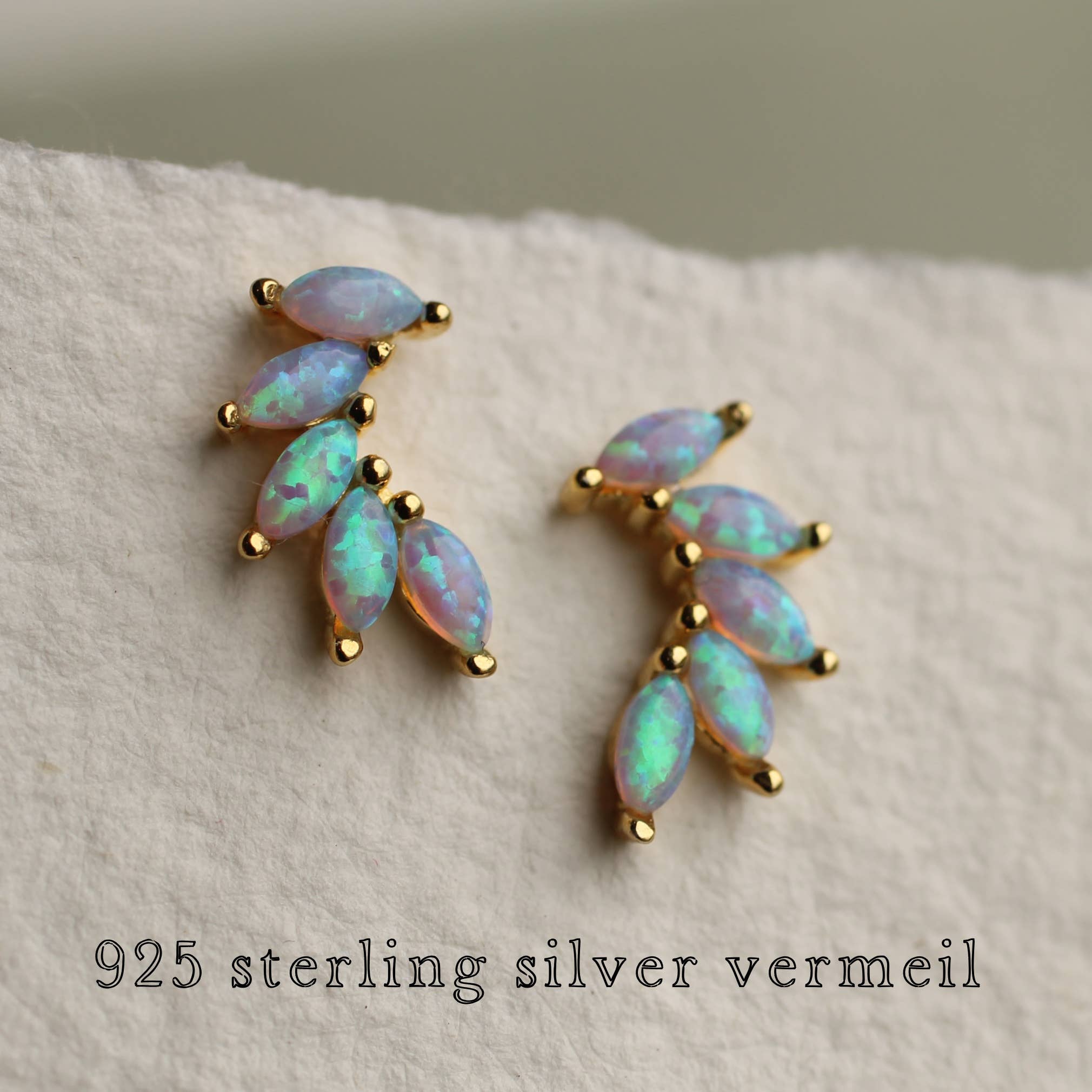 Gold Vermeil Opal Wing Stud Earrings: Olive Green Linen Presentation Card