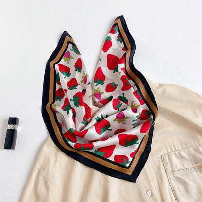 Strawberry pattern 100% mulberry Silk Scarf/Silk head scarf/Silk hair scarf/Silk neck scarf/Silk bandana/Bag Accessory/Gift for her: Khaki