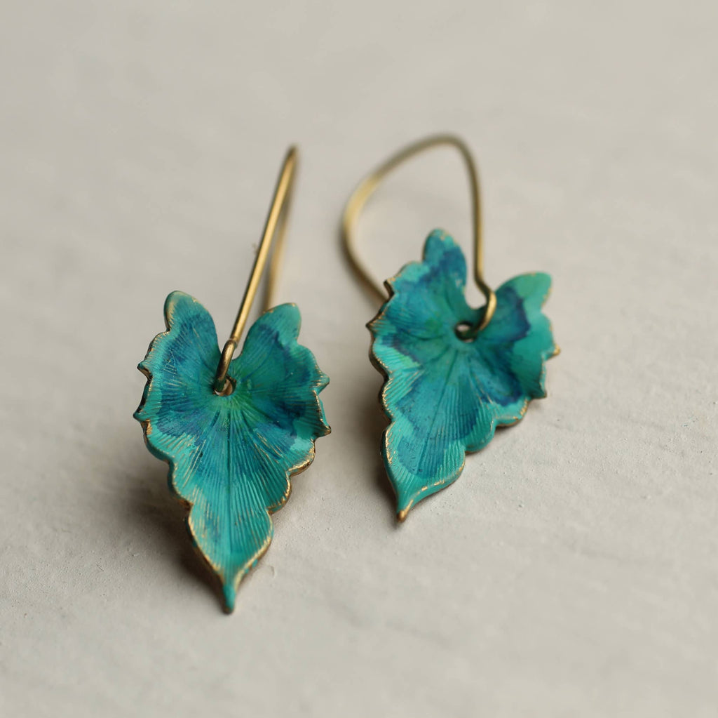 Verdigris Leaf Turquoise Green Earrings: Medium (3.5cm)