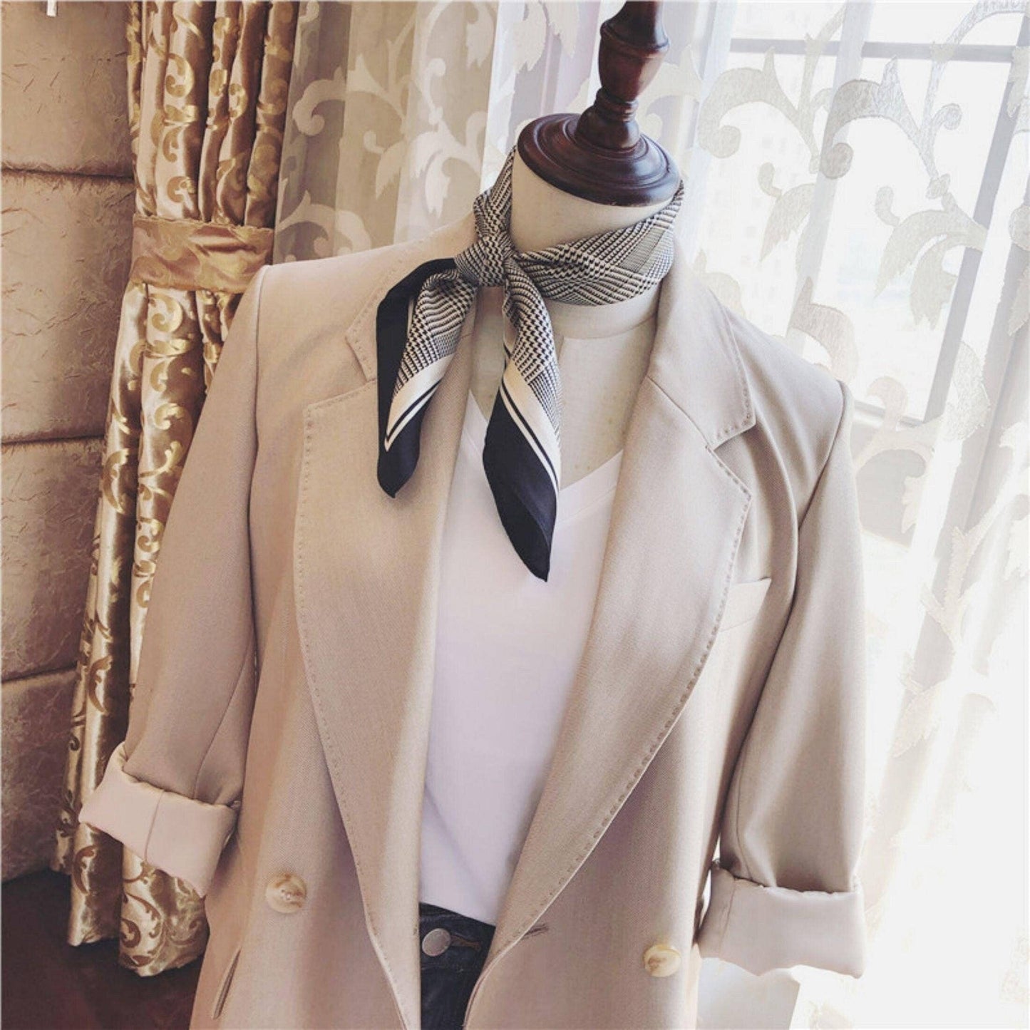 Chidori Grid 100% mulberry Silk Scarf/Silk head scarf/Silk hair scarf/Silk neck scarf/Mother's Day Gifts/Bag Accessory/Gift for her: Blue