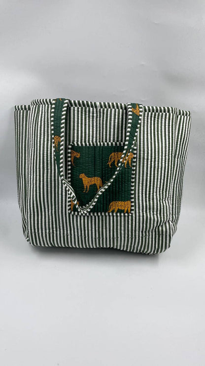 100% Cotton Kantha Quilted Boho Reversible Animal Tote Bag