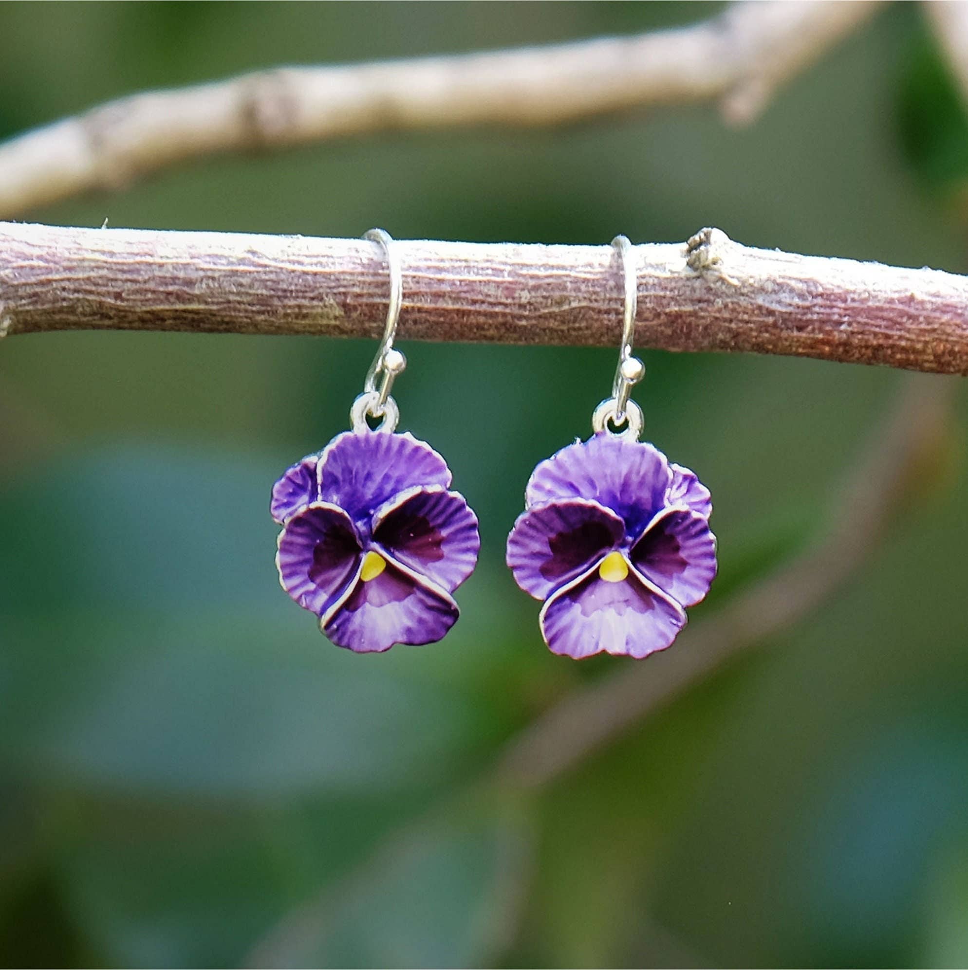 Pansy Purple Flower Drop Hook Earrings