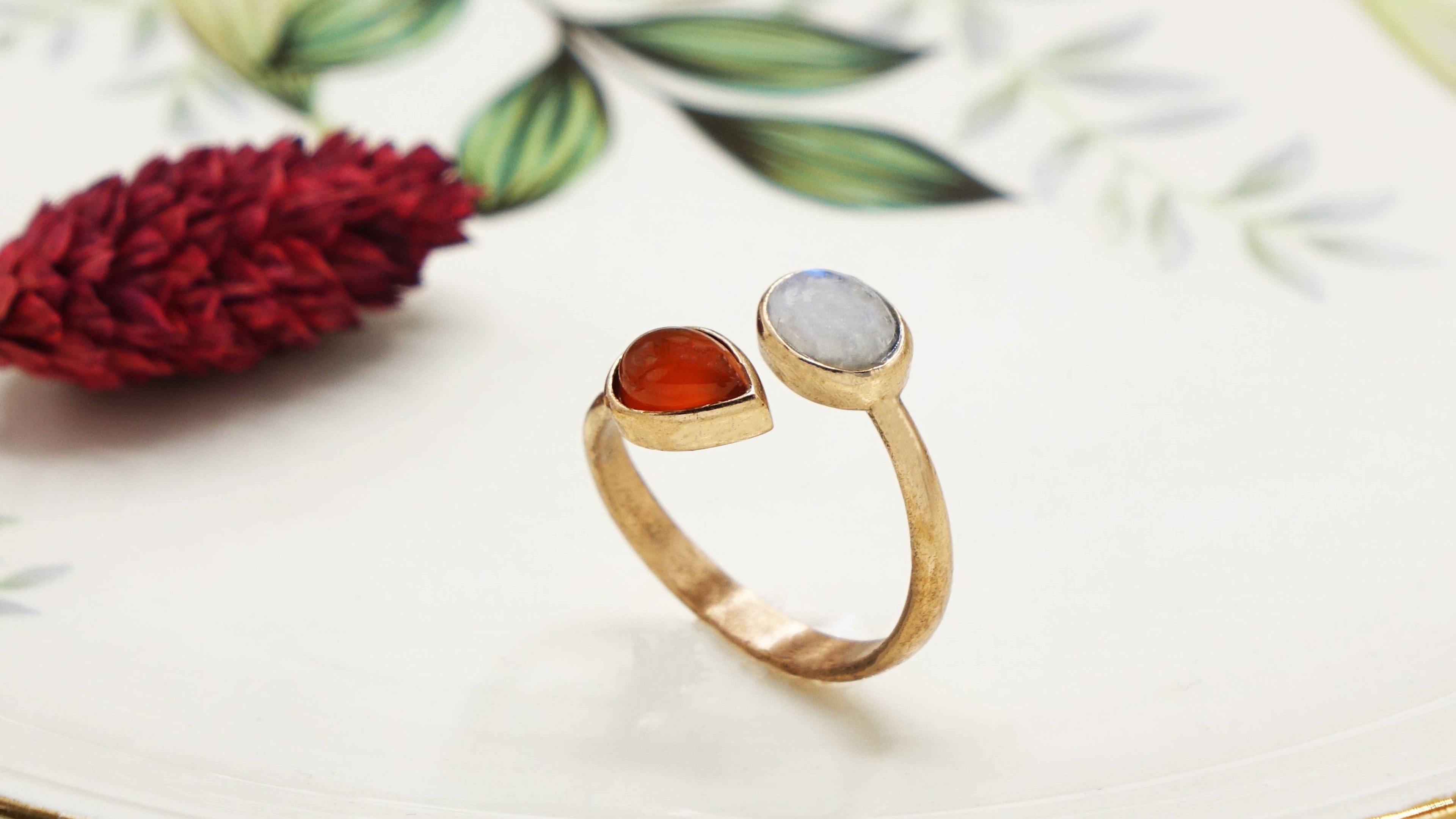 Red Agate and Moonstone Double Gemstone Ring