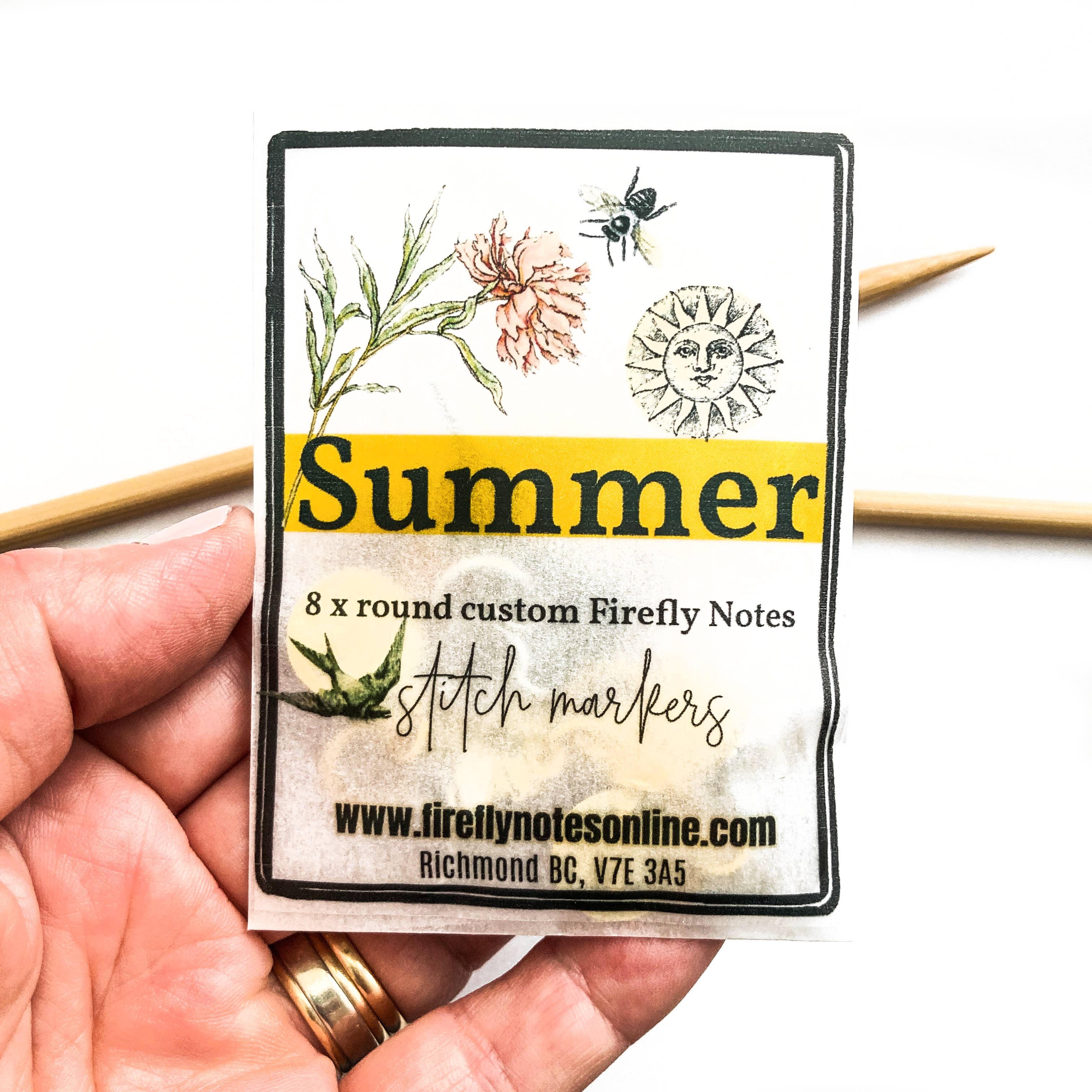 Summer stitch markers, custom Firefly Notes stitch markers