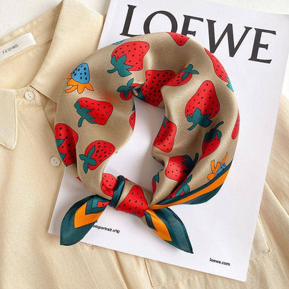 Strawberry pattern 100% mulberry Silk Scarf/Silk head scarf/Silk hair scarf/Silk neck scarf/Silk bandana/Bag Accessory/Gift for her: Khaki