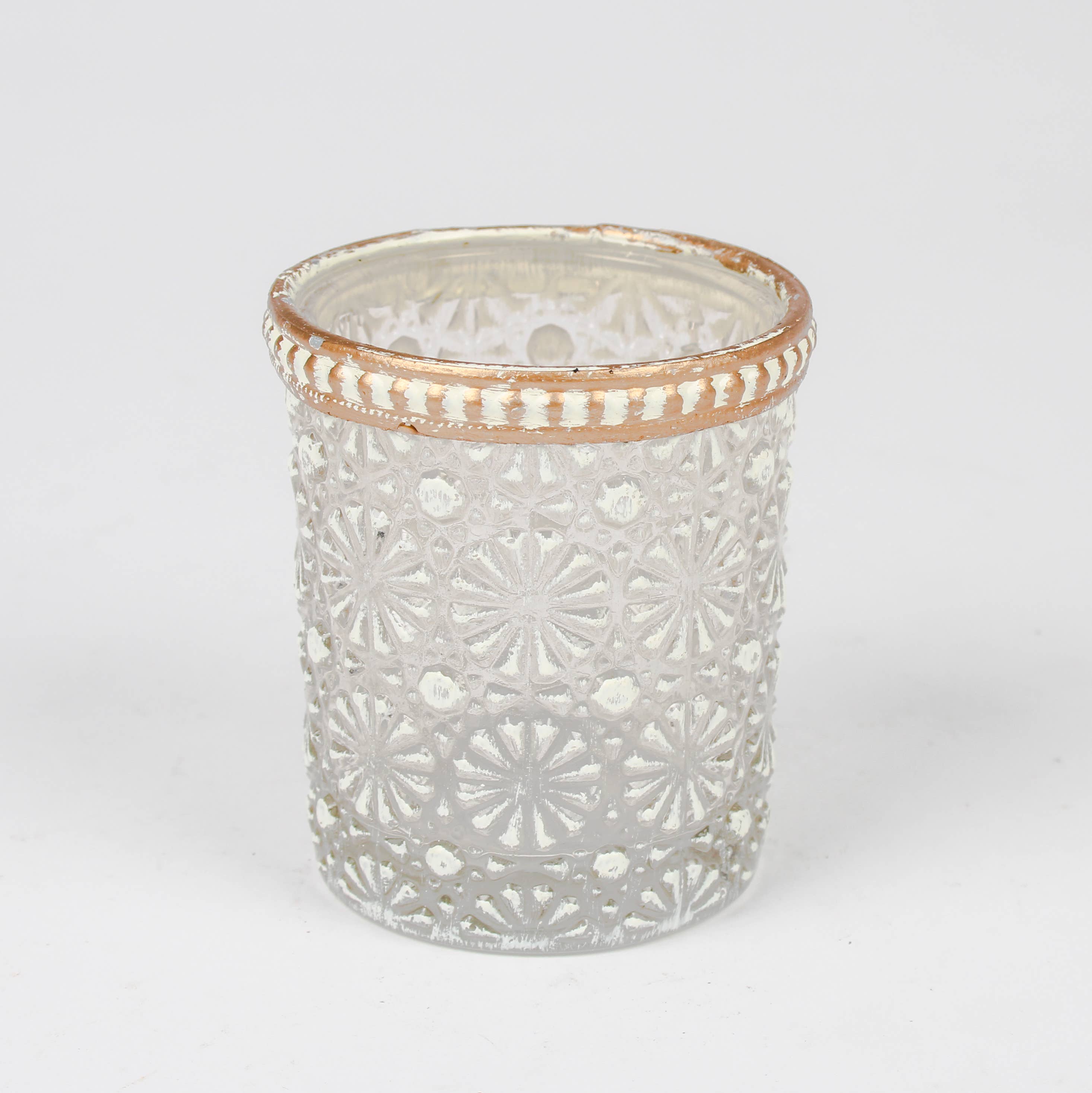 Daisy Pattern   Glass Tea Light Holder With Metal Rim