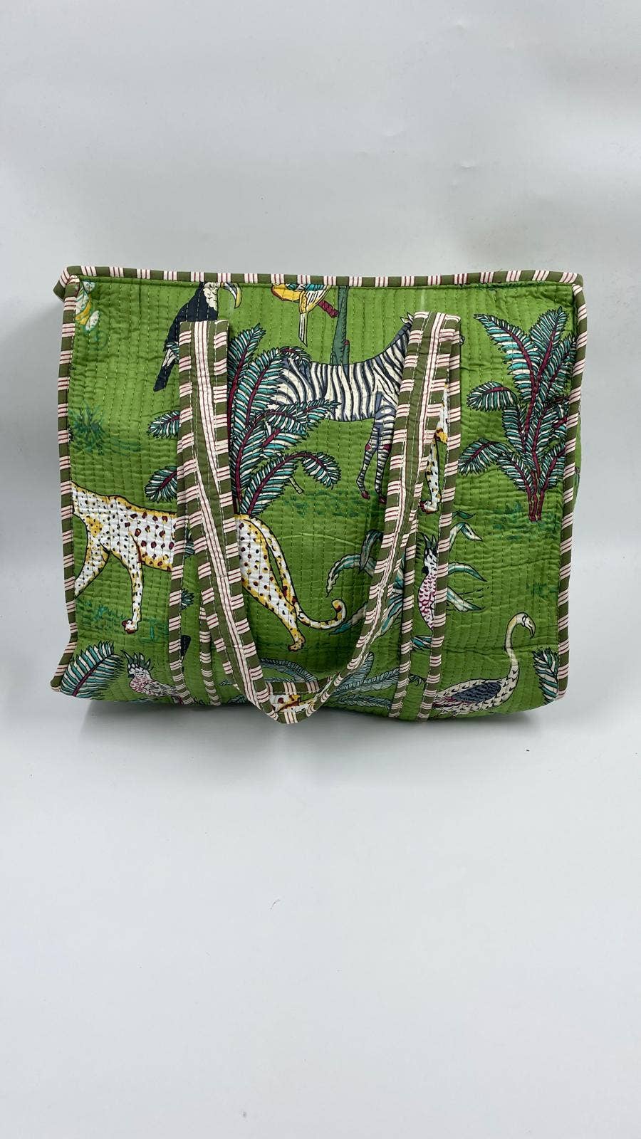 Animal Print Cotton Kantha Quilted Boho Tote Bag with Zip