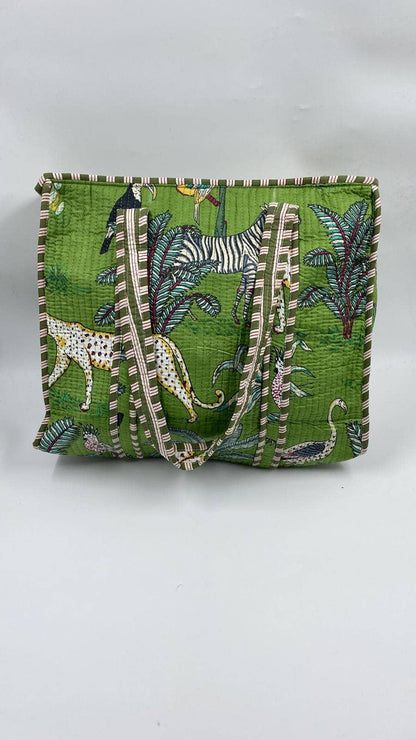 Animal Print Cotton Kantha Quilted Boho Tote Bag with Zip