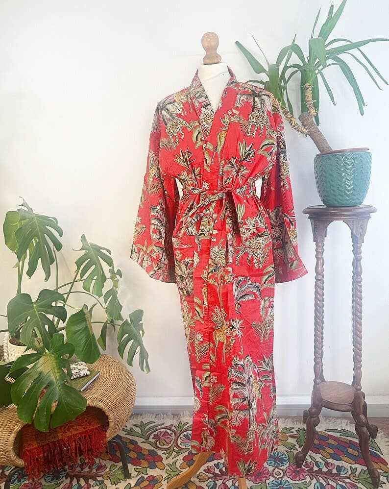 Pure Cotton Indian Blockprint House Robe Summer Dressing Kimono Gown Coverup/Comfy Maternity Royal Red Leopard Jungle Giraffe Animal Party