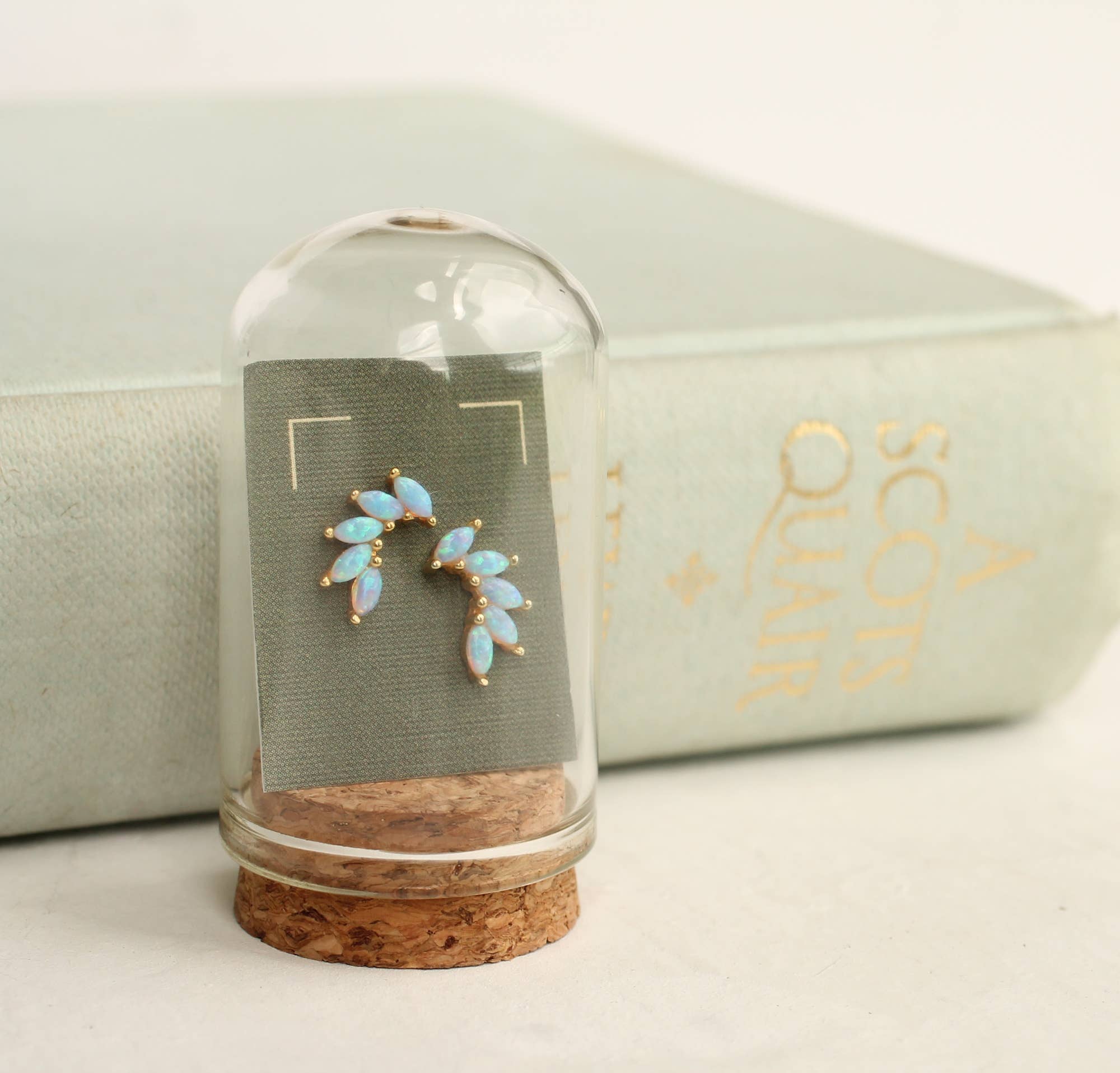 Gold Vermeil Opal Wing Stud Earrings: Olive Green Linen Presentation Card