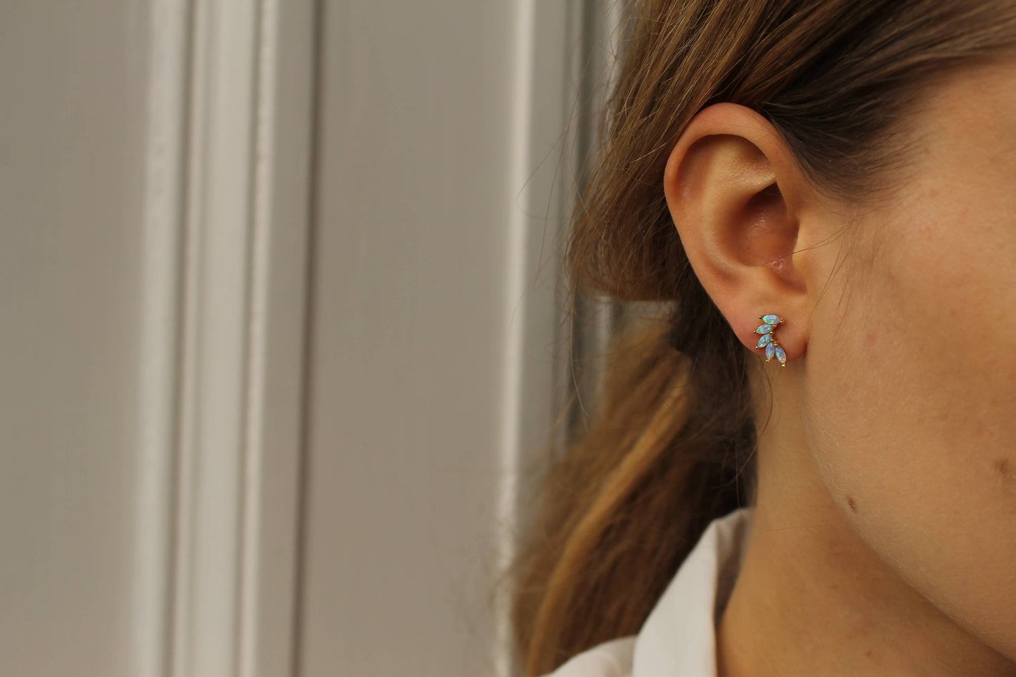 Gold Vermeil Opal Wing Stud Earrings: Olive Green Linen Presentation Card