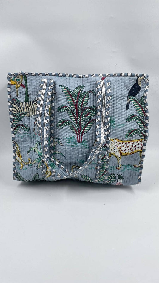 Animal Print Cotton Kantha Quilted Boho Tote Bag with Zip