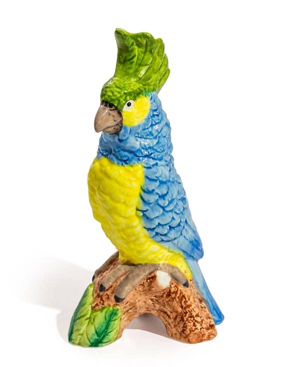 Blue & Yellow Parrot on Perch Ceramic Vase