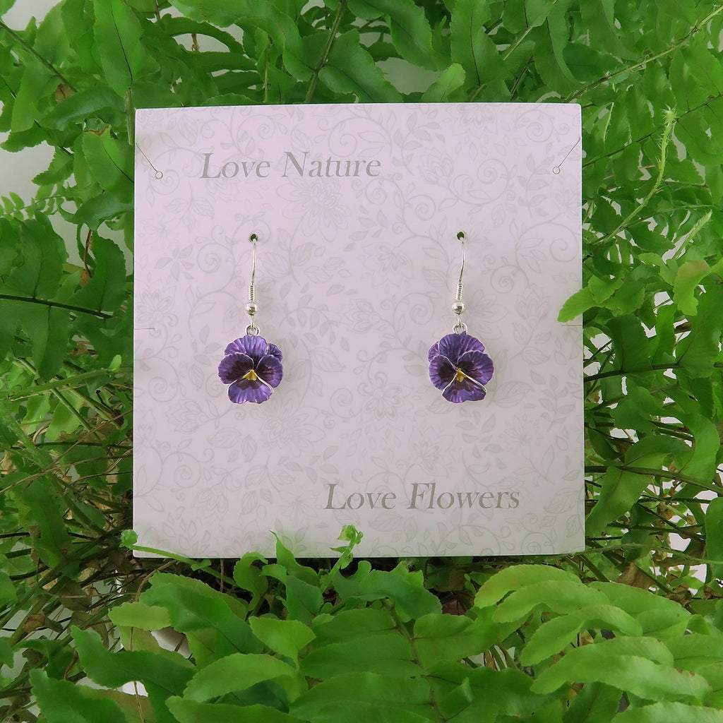 Pansy Purple Flower Drop Hook Earrings