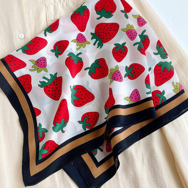 Strawberry pattern 100% mulberry Silk Scarf/Silk head scarf/Silk hair scarf/Silk neck scarf/Silk bandana/Bag Accessory/Gift for her: Khaki