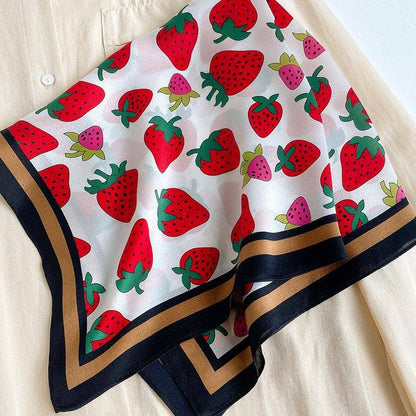 Strawberry pattern 100% mulberry Silk Scarf/Silk head scarf/Silk hair scarf/Silk neck scarf/Silk bandana/Bag Accessory/Gift for her: Khaki