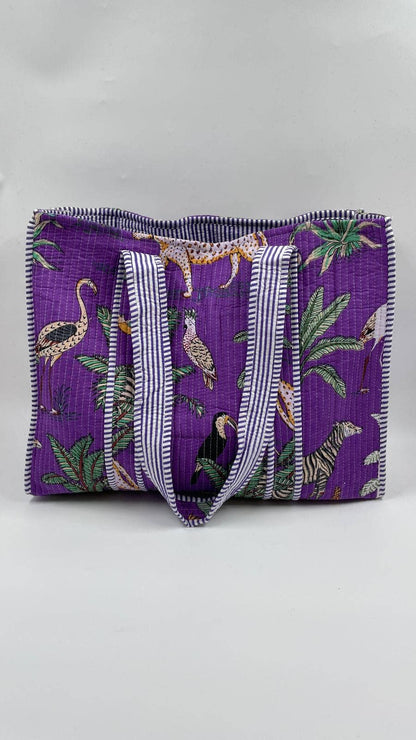 100% Cotton Kantha Quilted Boho Animal Reversible Tote Bag