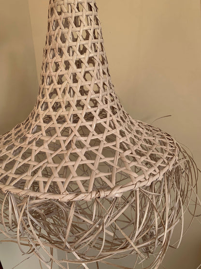 White Straw Wicker Woven Fringe Lampshade