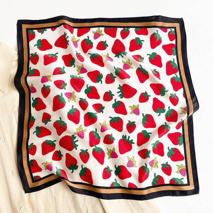 Strawberry pattern 100% mulberry Silk Scarf/Silk head scarf/Silk hair scarf/Silk neck scarf/Silk bandana/Bag Accessory/Gift for her: Khaki