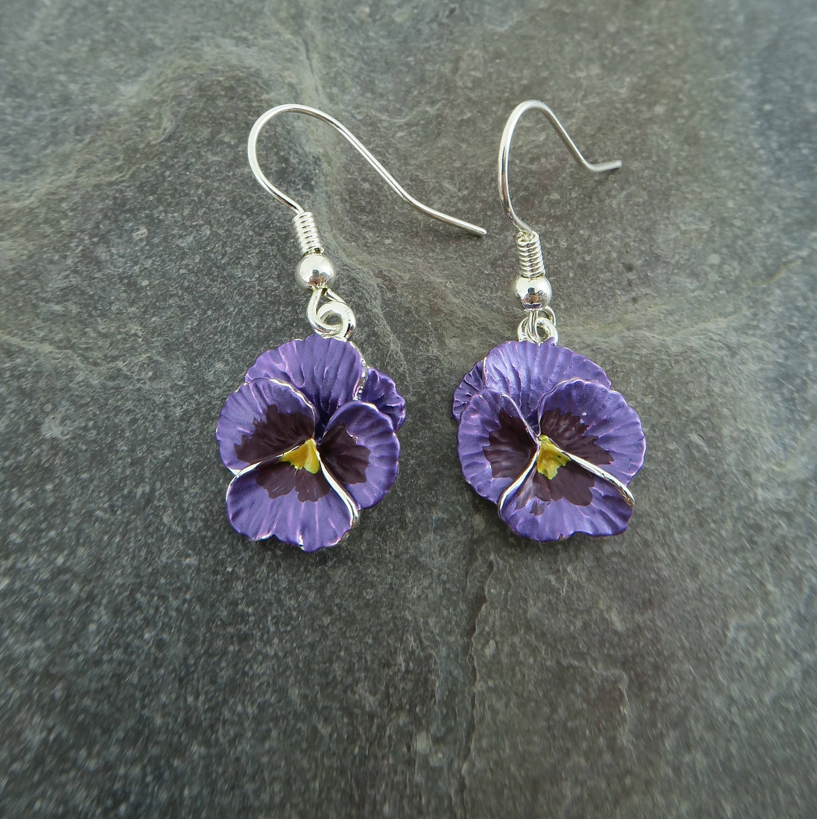 Pansy Purple Flower Drop Hook Earrings
