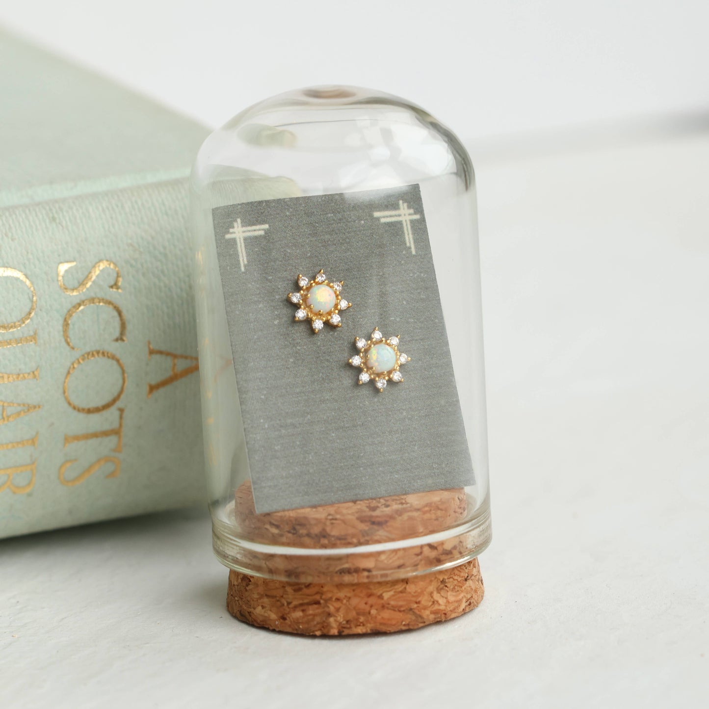 Opal Flower Stud Earrings : Olive Green Linen Presentation Card