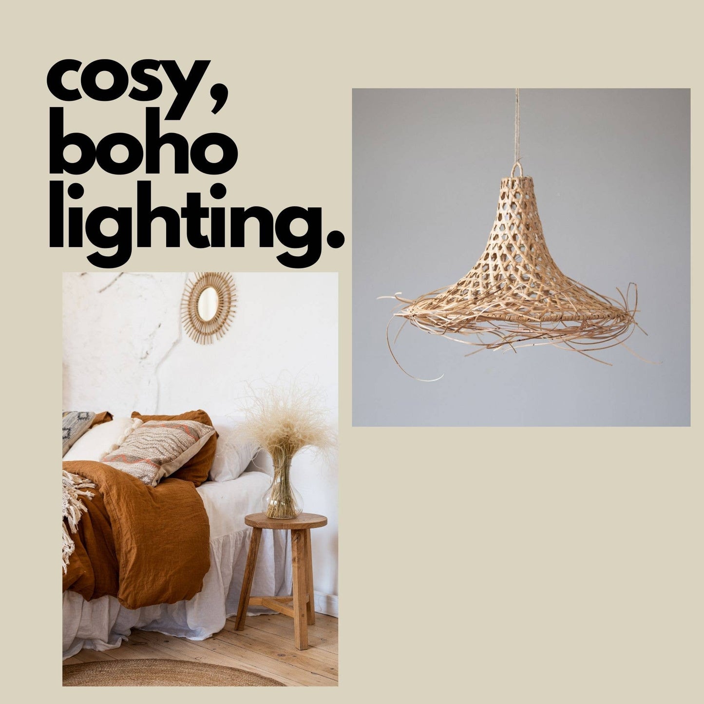 Rattan Pendant Light Bamboo Lampshade Boho Lighting