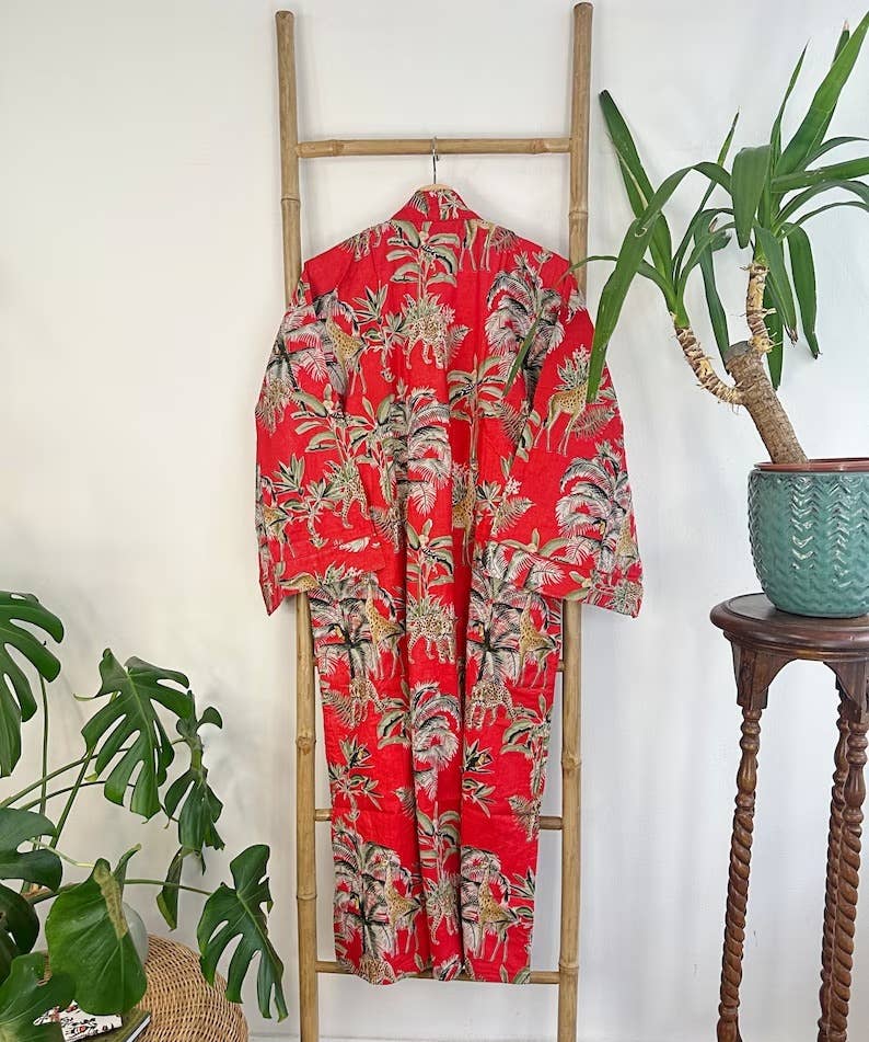 Pure Cotton Indian Blockprint House Robe Summer Dressing Kimono Gown Coverup/Comfy Maternity Royal Red Leopard Jungle Giraffe Animal Party