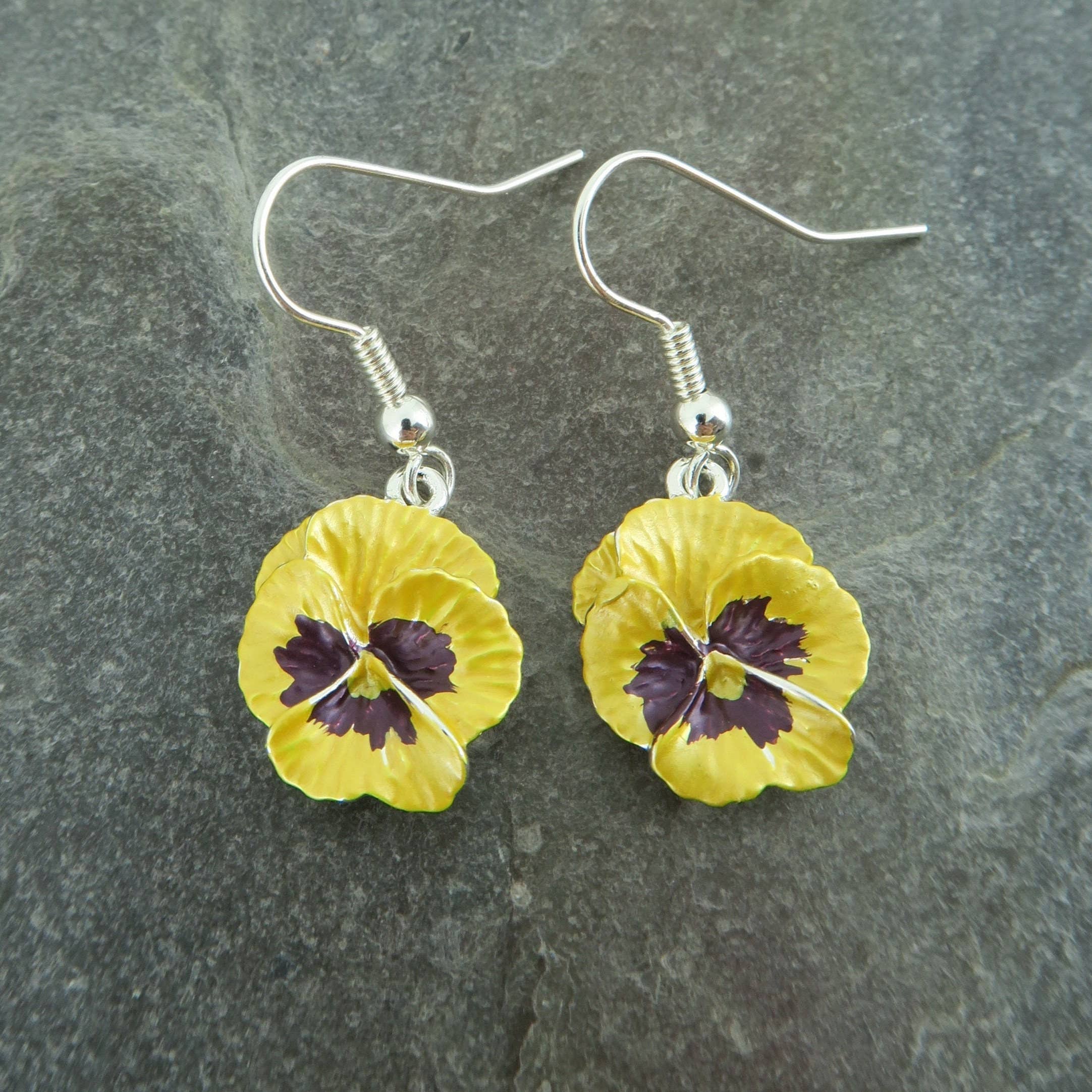 Pansy Yellow Flower Drop Hook Earrings