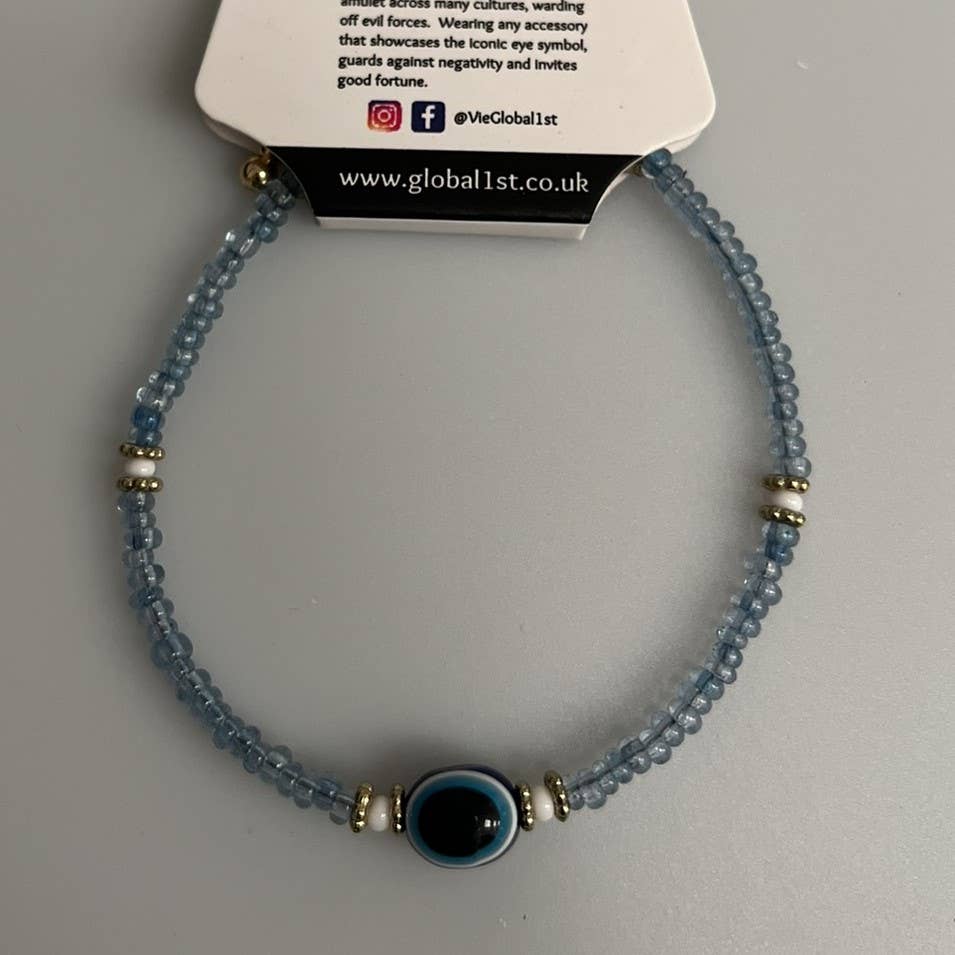 Evil Eye Bracelet, White Beads (JIT): Light Blue