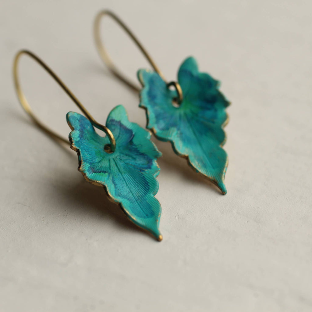 Verdigris Leaf Turquoise Green Earrings: Medium (3.5cm)