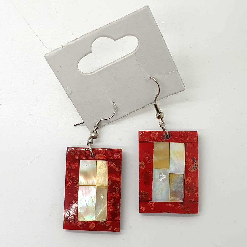 Capiz Shell Earrings: Red Rectangle