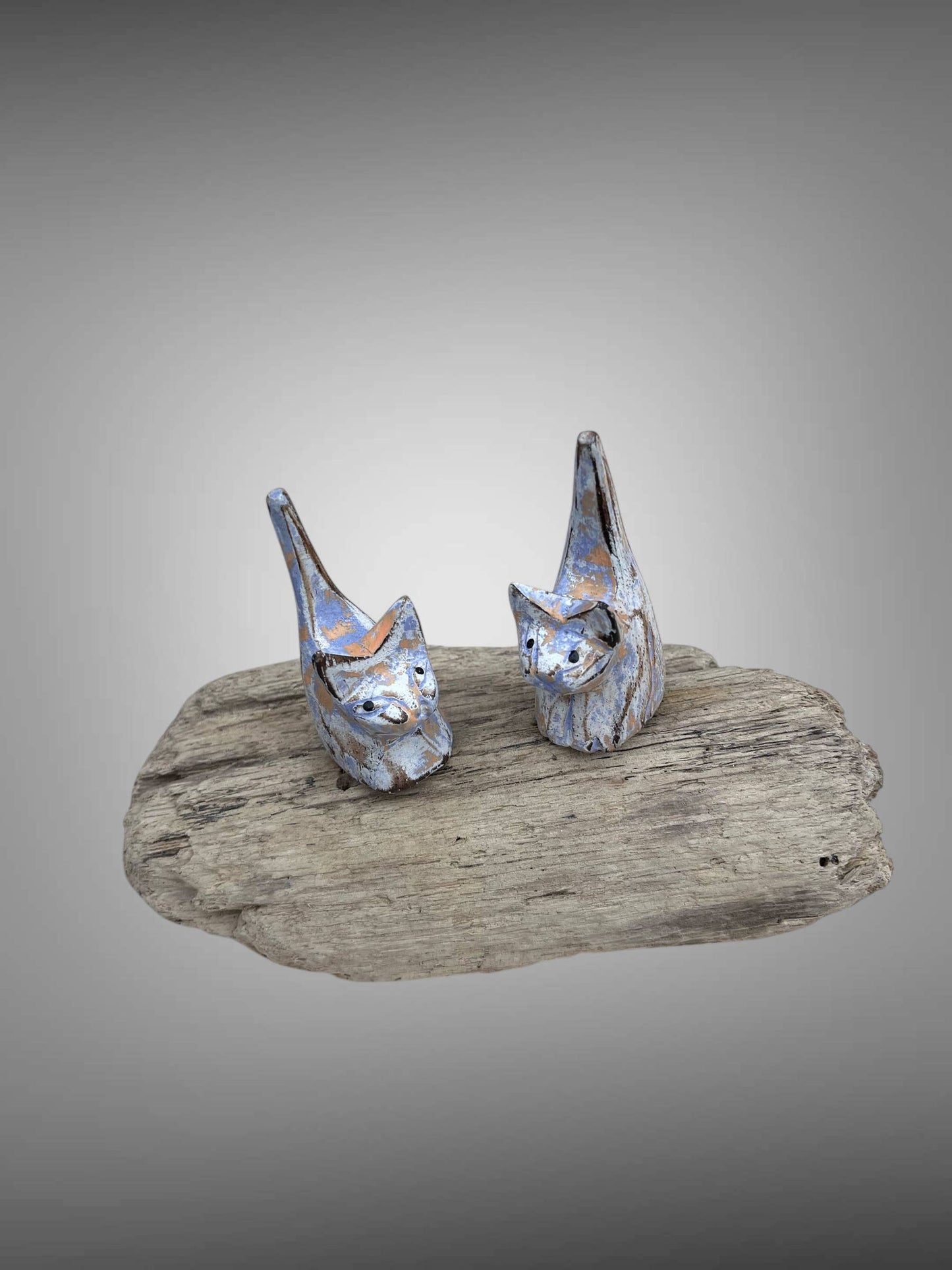 Cats - double carved and painted on a wood stand