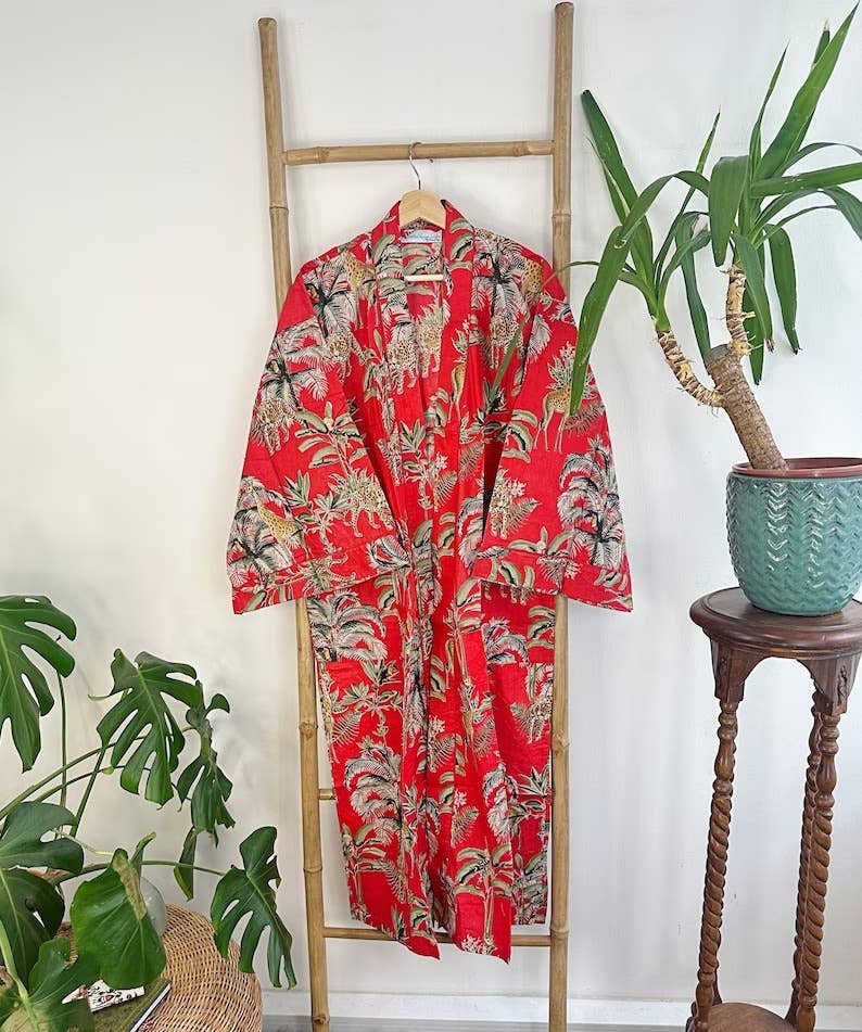 Pure Cotton Indian Blockprint House Robe Summer Dressing Kimono Gown Coverup/Comfy Maternity Royal Red Leopard Jungle Giraffe Animal Party