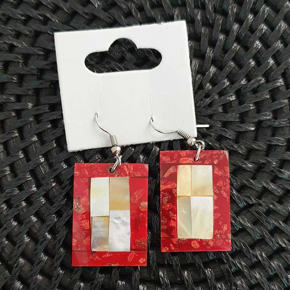 Capiz Shell Earrings: Red Rectangle
