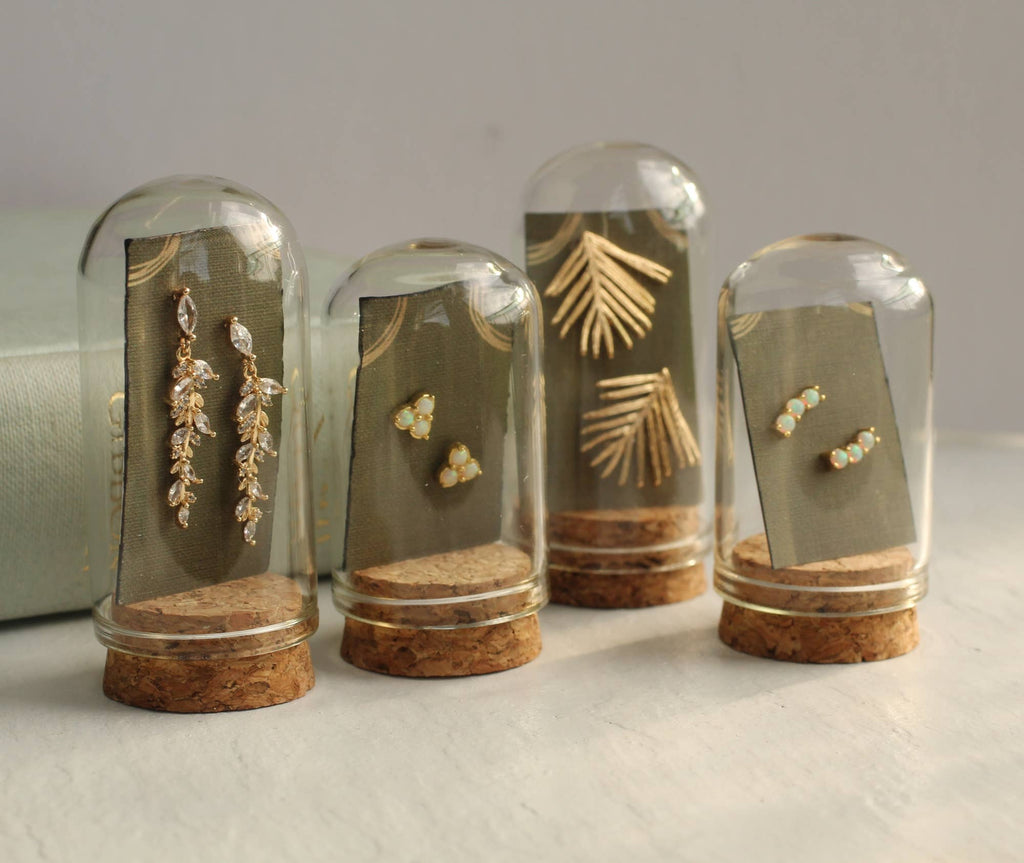 Opal Flower Stud Earrings : Olive Green Linen Presentation Card