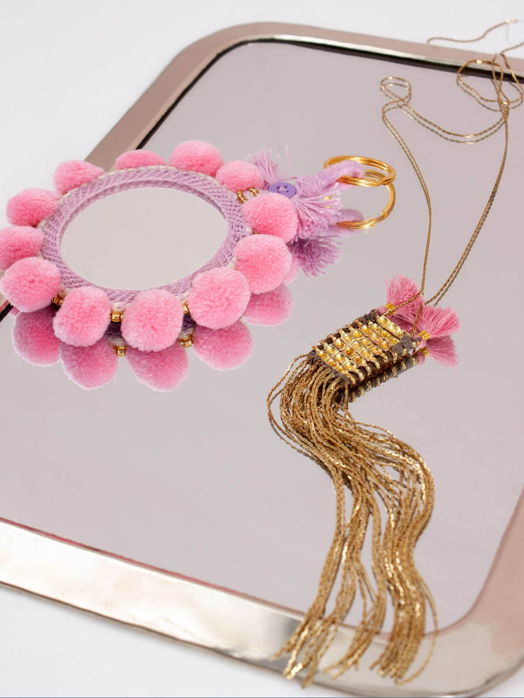 Super Pom Pom Mirror Keyrings, Large: Pink