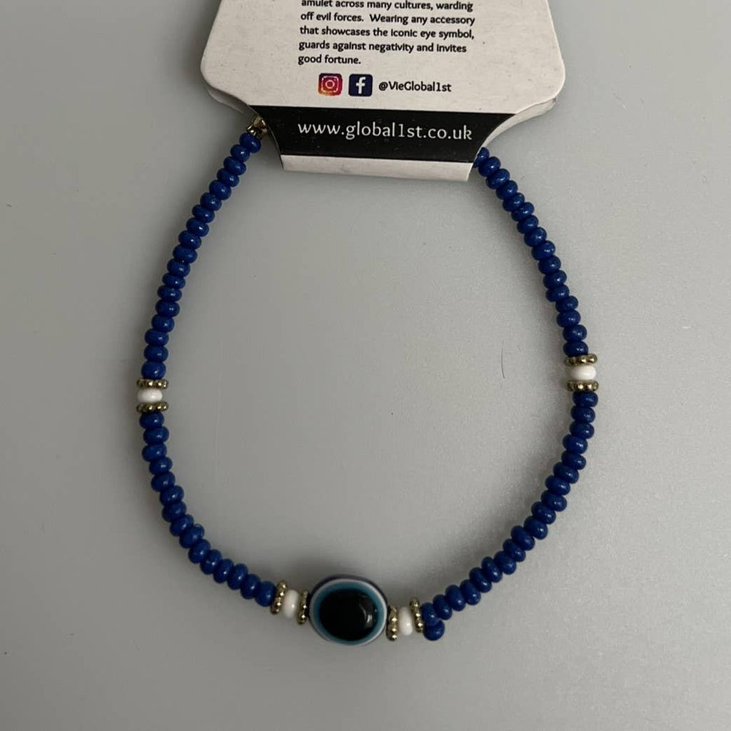 Evil Eye Bracelet, White Beads (JIT): Light Blue