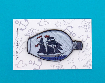 Ship in Bottle Wooden Pin Brooch / Nautical Pin Badge