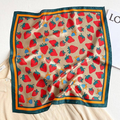 Strawberry pattern 100% mulberry Silk Scarf/Silk head scarf/Silk hair scarf/Silk neck scarf/Silk bandana/Bag Accessory/Gift for her: Khaki