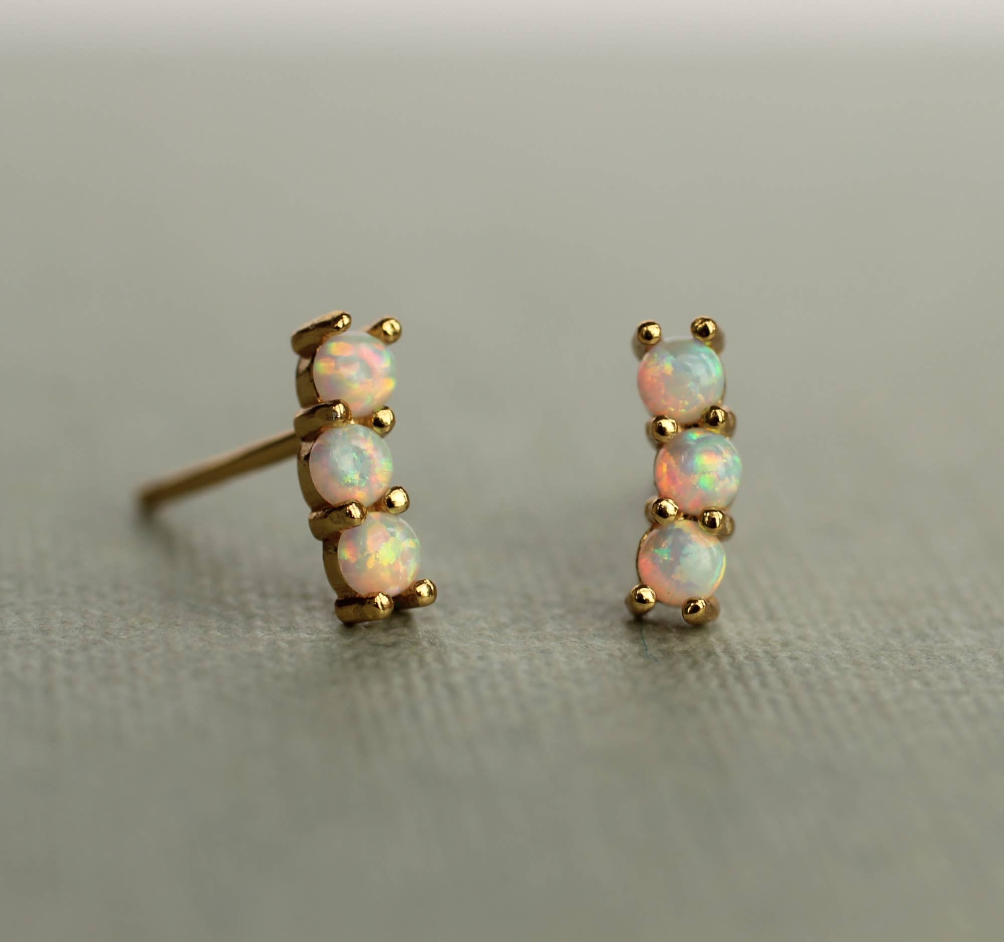 Stacked Opal Stud Earrings : Olive Green Linen Presentation Card